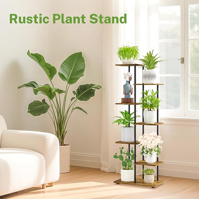 iDavosic.ly 6 Tier Tall Plant Stand Indoor, Tiered Corner Metal Wood Multiple Flower Holder Shelf, 50 Inch Orchid Display Rack for Patio Porch Living Room Balcony Outdoor, Modern Black & Rustic Brown