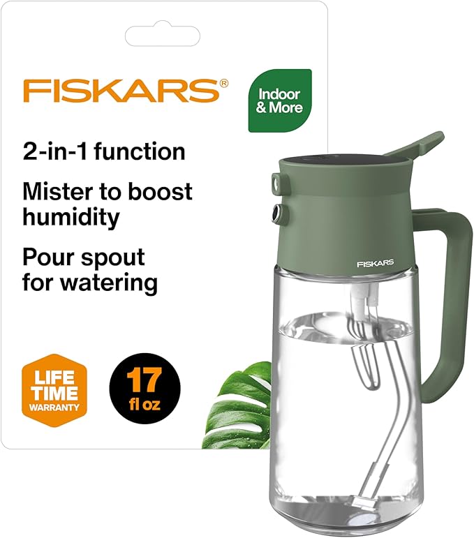 Fiskars 2-in-1 Mist & Pour Watering Carafe, Glass Plant Mister with Thumb Pump Sprayer, Precision Spout for Indoor Gardening, 17 oz Capacity, Modern Décor Style, Clear
