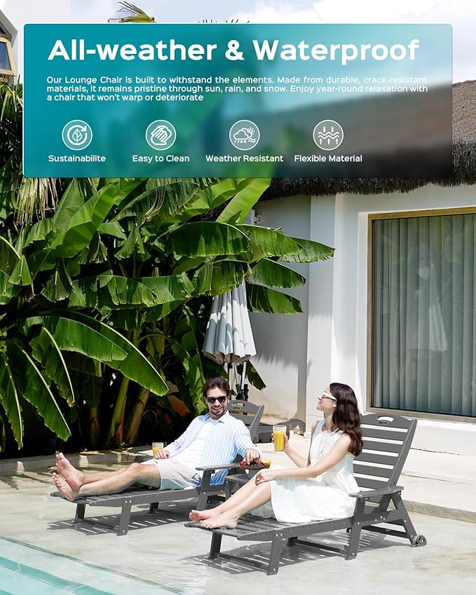 Ciokea Outdoor Chaise Lounge Chair Set of 2, Patio Lounge Chairs for Outside, HDPE Lounge Chairs with Wheels & Cup Holder, Poly Lounge Chair with 5 Position for Poolside, Deck, Dark Grey