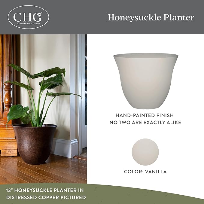 Classic Home and Garden Honeysuckle Resin Planters - Lightweight Indoor & Outdoor Plant Pots - UV-Resistant Plastic Flower Pots - Pot Planters for Flowers & Herbs (13" Vanilla White)