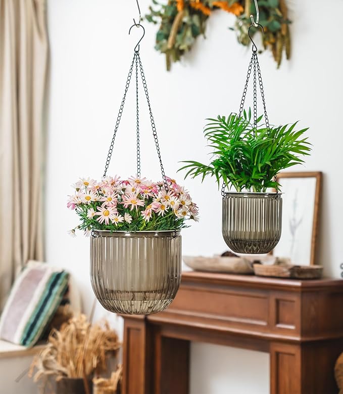 Josteve 5.2/8.2 Inch 2 Pcs Self Watering Hanging Planter Indoor Plant Pots Drainage Holes, Outdoor Small Hanging Planters Flower Pot Basket, Visible Water Level, Plant Hanger Home Decor, Gardening