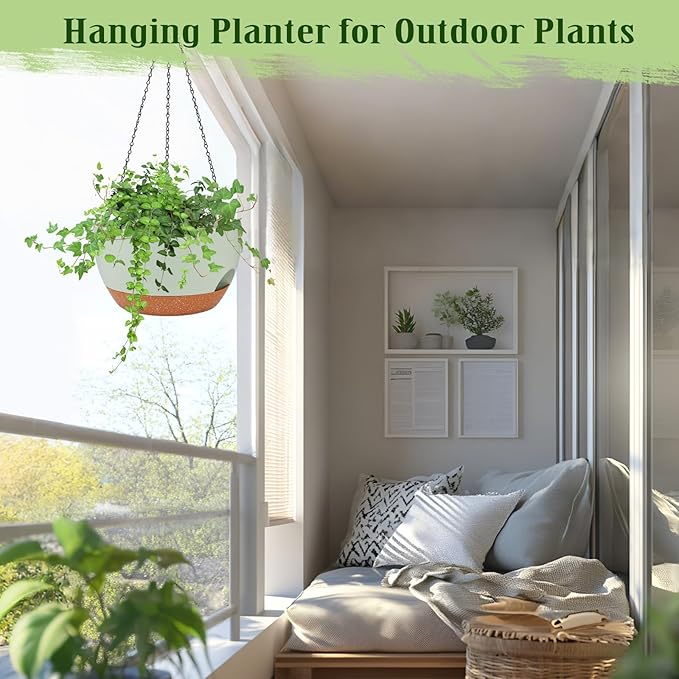Hanging Planters for Outdoor Indoor Plants, 2 Pack 10 Inch Hanging Basket Plants Outdoor, Self Watering Hanging Planter with Plant Hanger for Garden Home Decoration (Green, 10 inch)