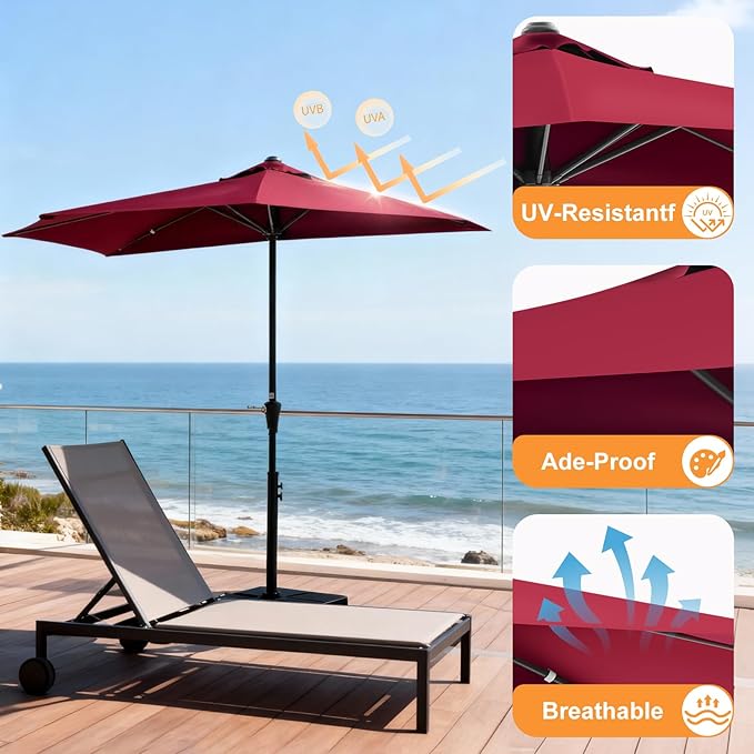 OLIXIS Half 9Ft Umbrella Outdoor Patio, Scalloped Patio Umbrella with Easy Crank, Sun Half Patio Umbrella for Balcony, Market, Garden, Red