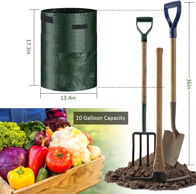 JJGoo Potato Grow Bags, 3 Pack 10 Gallon with Flap and Handles Planter Pots for Onion, Fruits, Tomato, Carrot - Green