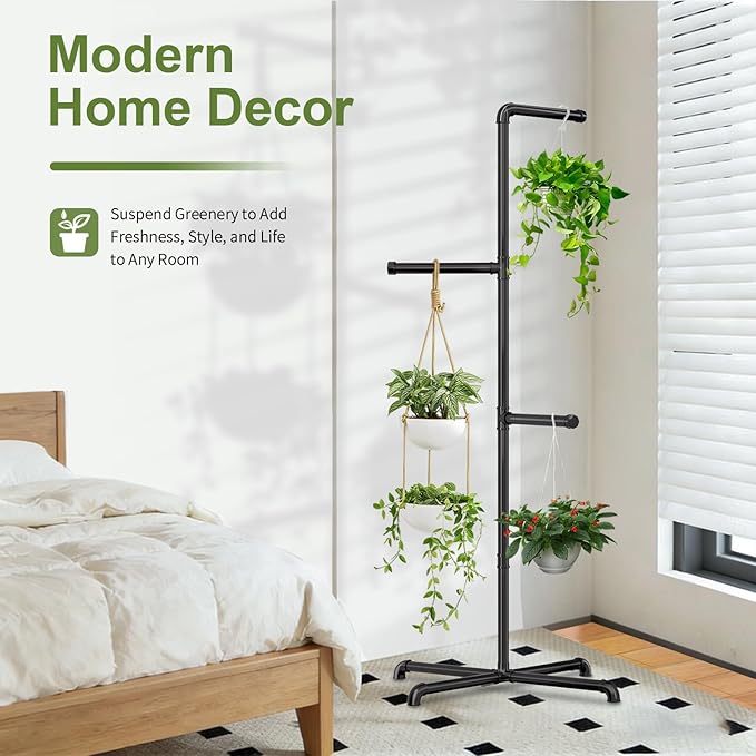 Hanging Plant Stand, Plant Hanger Indoor, Corner Hanging Plant Stand, Black Metal Holder for Bedroom, Living Room, Garden, Balcony