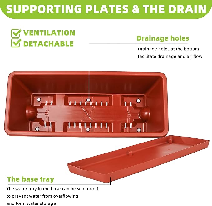 Window Box Planter, 7 Pack Plastic Vegetable Flower Planters Boxes 17 Inches Rectangular Flower Pots with Saucers for Indoor Outdoor Garden, Patio, Home Decor