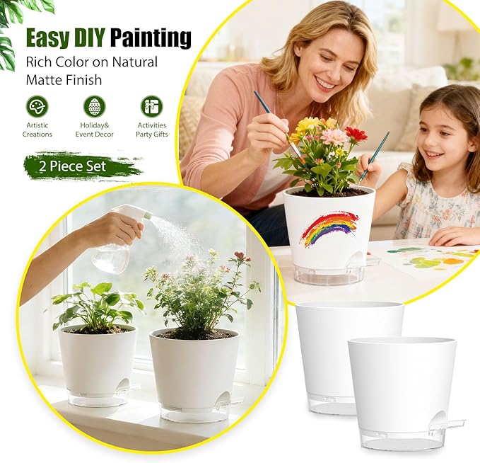 Plant Pots 8 Inch Self Watering Pots, 2 Pack Plastic Planters with Drainage Holes and Clear Saucers,Plastic Flower Pots for Indoor Out Door Plants(White)