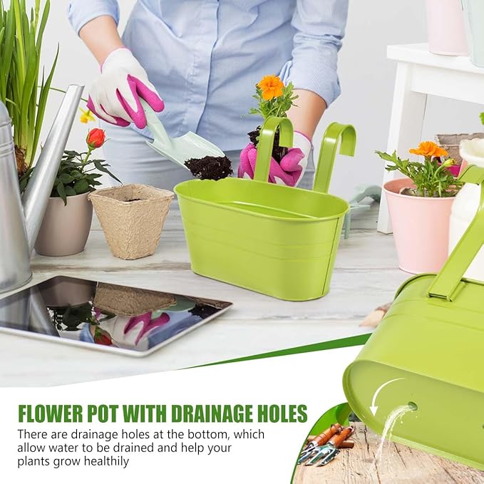OBTANIM 4 Pack Metal Hanging Flower Pots Iron Railing Planter Outdoor Fence Hanging Pots Bucket Plant Holder with Detachable Hooks Drain Holes for Home Garden Yard Decor (Green)