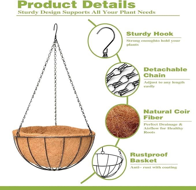 4 Pack 12 Inch Hanging Baskets for Plants Outdoor Metal Hanging Planter Hanging Flower Baskets with Coco Fiber Liners Chain Round Wire Plant Holder Hangings Flower Pots(Watermelon)
