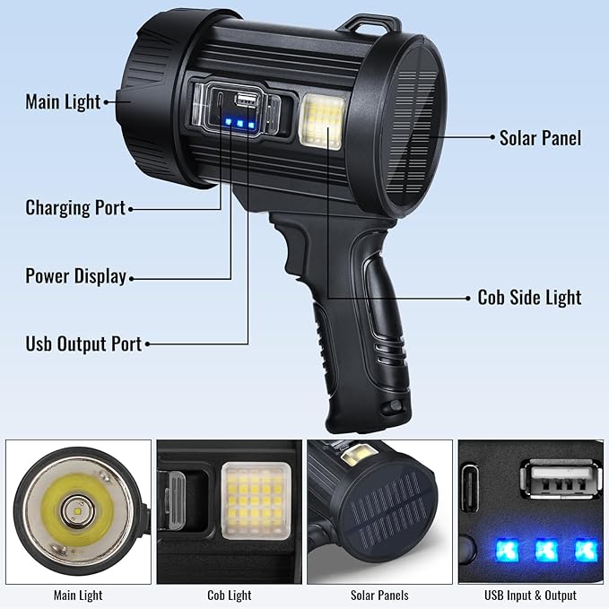 Rechargeable Spotlight,99,000 LM Super Bright Handheld Spot Light LED Flashlight High Lumens,Powered Spotlight Large Searchlight Outdoor with Solar Panels & COB Light for Boat Camping Hunting