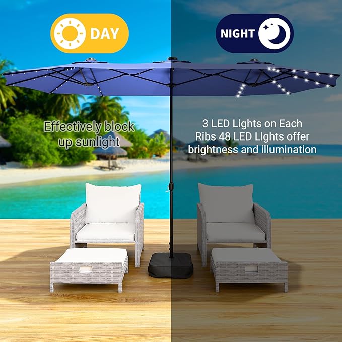 LEVELEVE 14FT Large Patio Patio Umbrella with Base & Solar LED Lights - Double-Sided,Blue