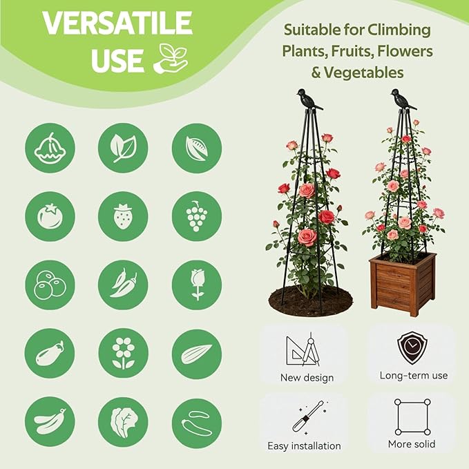 2 Pack Garden Trellis for Climbing Plants Outdoor - Rustproof Plastic Coated Steel Core Tower Obelisk Trellis - Metal Teepee Trellis Vertical Plant Support for Vines Vegetables Flowers Indoor