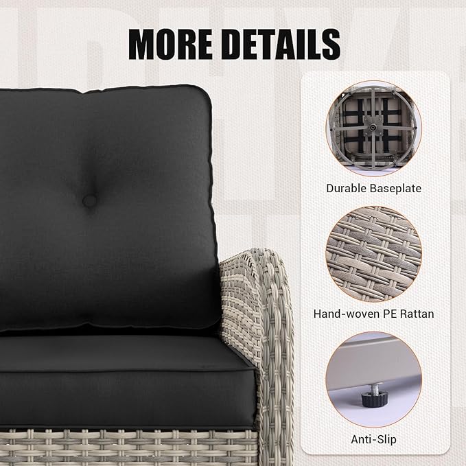 9-Piece Outdoor Patio Furniture Set with Rocking Swivel Chair Wicker Sectional Sofa Set, Patio Conversation Set with Thickened Cushions & Coffee Table for Garden, Backyard, Dark Grey
