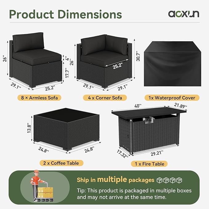 Aoxun 15 Piece Patio Furniture Set with 44” Fire Pit Table Wicker Rattan Patio Sectional Sofa Set Outdoor Seating Furniture with Thickened Cushion, Black