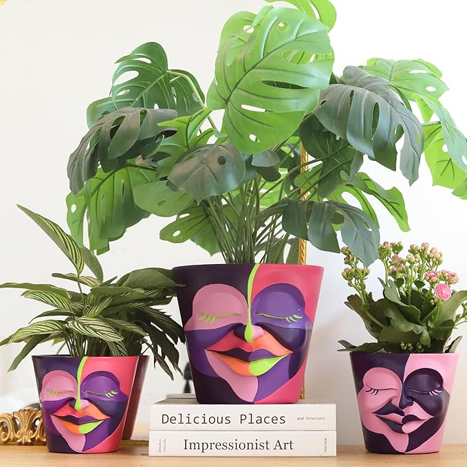 GUGUGO 8 Inch Abstract Rainbow Head Planter, Unique Face Plant Pot with Drainage, Cute Eclectic Flower Planters Pots for Indoor Outdoor Plants, Colorful Funny Room Decor Aesthetic, Coral Red & Indigo