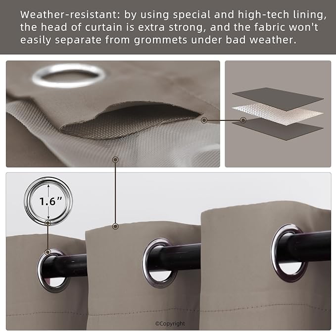 Waterproof Outdoor Curtain W84 x L120 - Grommet Top Sunlight Blocking Window Treatment Drapes Blackout Curtains for Home Bedroom Living Room Patio Pergola Cabana Gazebo (Taupe, 2 Panels)