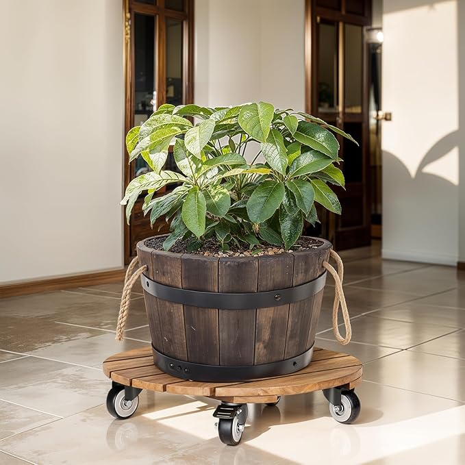 Idzo 2pack 12inches Wood Plant Caddy with Wheels Heavy Duty, 264 Lbs Capacity, Acacia Hardwood Plant Dolly, Plant Stand with 360° Lockable Wheels for Plant Pots, Heavy Objects Hauling - Natural Wood