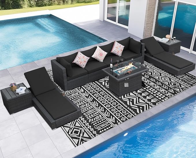 NICESOUL 9 Piece Patio Furniture Set with Fire Pit Table Propane/Natural Gas, 29.3'' High Back Extra Large Outdoor Sectional with Firepit & Chaise Lounge, Deep Seated PE Wicker Conversation Set, Gray