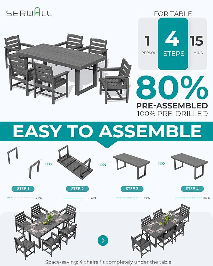SERWALL HDPE Outdoor Dining Set for 6, 67'' All Weather Patio Dining Table and Chairs Set for Deck, Lawn, Gray