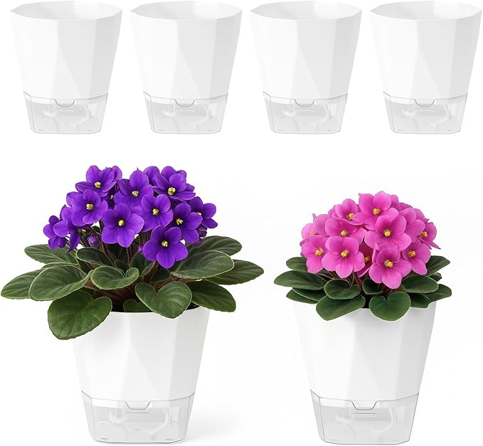 6 Pack Self Watering Pots for Indoor Plants, 5 Inches Self Watering Planters Small African Violet Self Watering Clear Pots for Plants Herb Orchid Flower Houseplant Pots, White