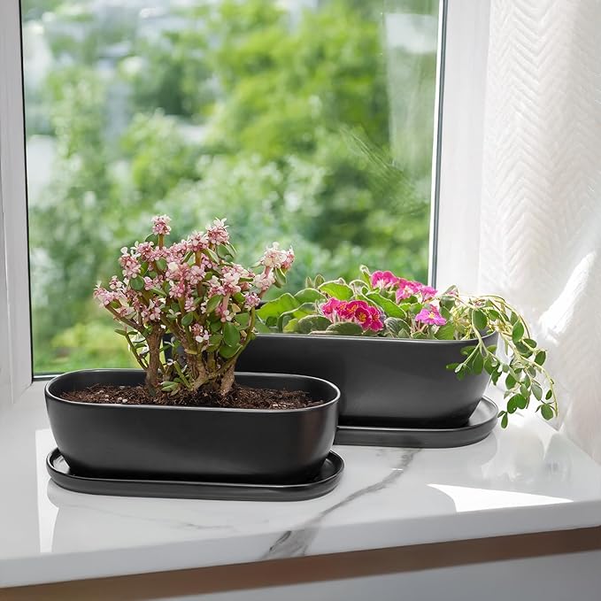 E-liu Oval Ceramic Planter Pot with Drainage Hole Saucers 11 Inch Succulents Planter Home Decor for Indoor Outdoor Plants Herb Cactus with 3 Mesh Pads, Plants Not Included, Black
