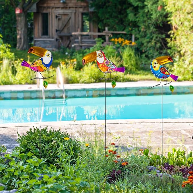 Decorative Garden Stakes,Set of 3 Toucan Stained Glass Metal Yard Art Outdoor,Waterproof Spring Garden Stakes Decorative for Lawn Patio Pathway
