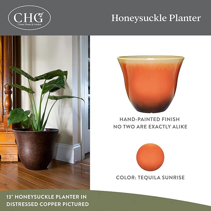 Classic Home and Garden Honeysuckle Resin Planters - Lightweight Indoor & Outdoor Plant Pots - UV-Resistant Plastic Flower Pots - Pot Planters for Flowers & Herbs (13" Tequila Sunrise)
