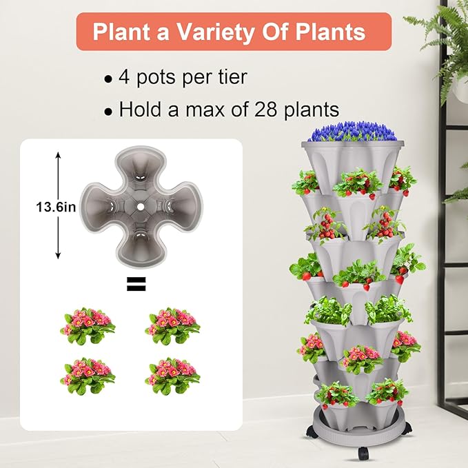 DUNCHATY Stackable Vertical Garden Planter, 7 Tier Herb Planter Pots, Indoor/Outdoor, Gray