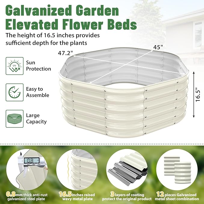 Hexagon Raised Garden Bed, 48 Inch Diagonal & 16.5 Inch Tall, Galvanized Steel Planter Box with Wave-Shaped Metal Panels for Outdoor Flower,Tree,Herb & Vegetable Garden (Cream white, 4FT X 1.5FT)