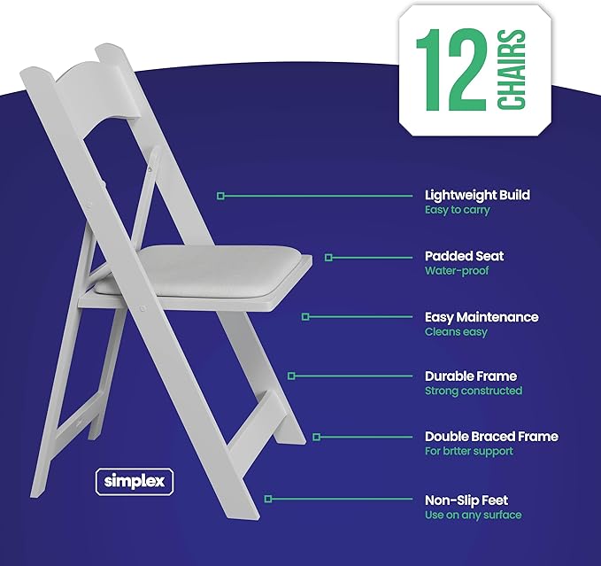 SIMPLEX 12 White Folding Chairs – Resin Stackable Foldable Chairs with Padded Seats – Comfortable White Folding Chairs for Indoor/Outdoor Events – Lightweight Resin Chairs (Set of 12)