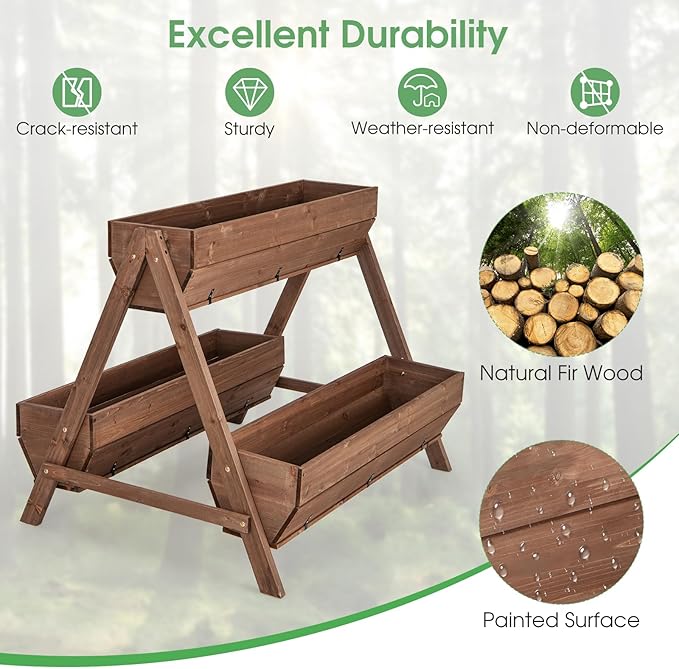 Giantex Vertical Raised Garden Bed, 3 Large Wood Planter Boxes for Flower Vegetable Fruit Herb, Freestanding Planter with Drain Holes, Elevated Raised Beds for Indoor Outdoor Lawn Patio Yard, Brown