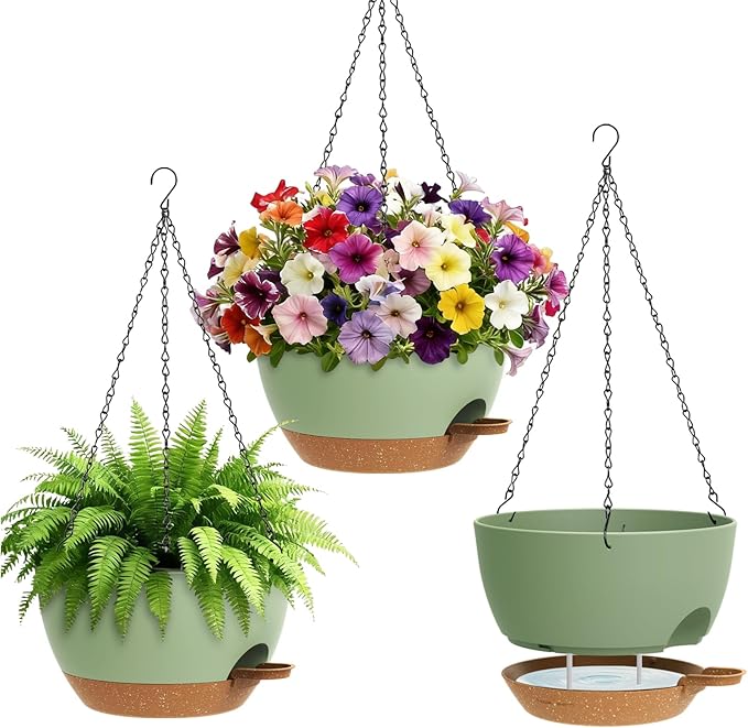 Set of 3-10 Inch Self Watering Hanging Planters for Indoor & Outdoor，Hanging Plant Pots with Drainage & Removable Tray, Hanging Pots Holder for Ivy, Ferns, Balcony & Patio, Green and Brown