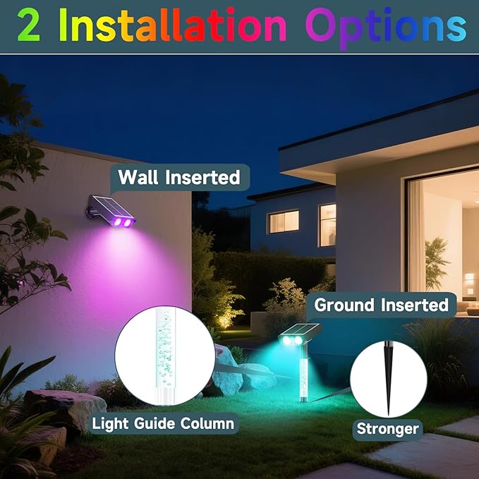 RGB Solar Spot Lights : 2 IN 1 Solar Lights Outdoor with 8 Lighting Modes & PC Light Guide Column for Tree Garden Yard Pathway | RGB Color Changing Landscape Lights | IP65 Waterproof | 6 Pack