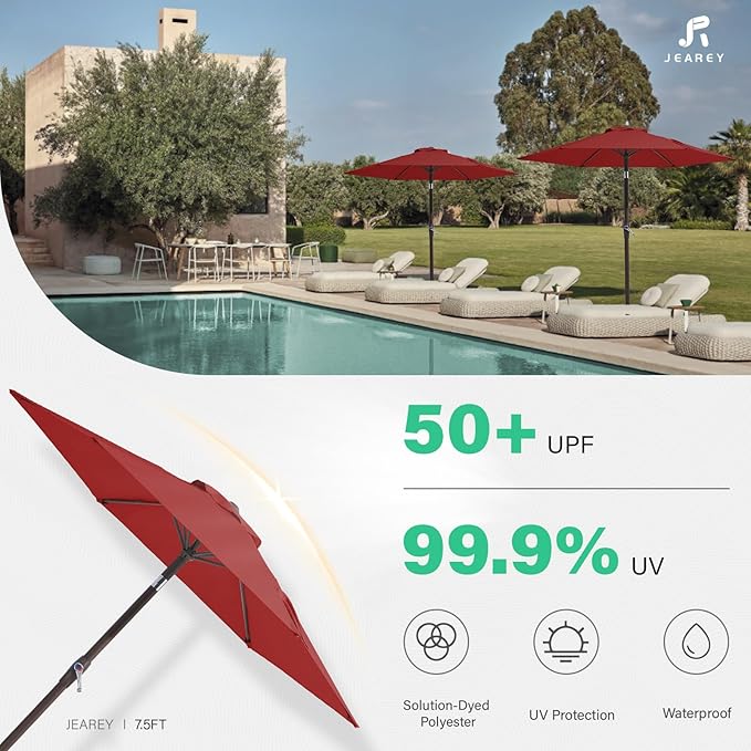 JEAREY 7.5FT Patio Umbrella Outdoor Market Umbrella with 6 Sturdy Ribs, Push Button Tilt/Crank Table Umbrella for Garden, Deck, Backyard and Pool, Red