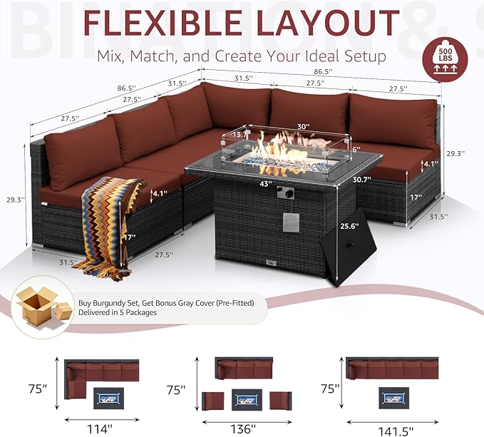 NICESOUL 6 Piece Modern Outdoor Conversation Set with Fireplace Natural Gas/Propane, 29.3'' High Back Deep Wide Seat Sofa Couches for Garden, Oversized Patio Sectionals, 2 Color Cushion Wine & Grey