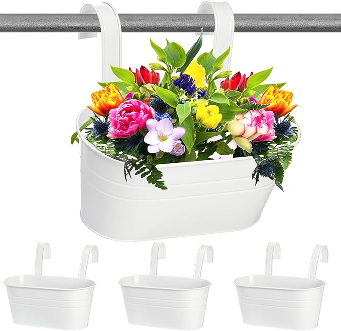 Foraineam 4 Pack Hanging Flower Pots, Metal Iron Plant Pot Holders, Large Fence Railing Balcony Garden Hanging Bucket Planters with Detachable Hooks for Indoor and Outdoor Decor