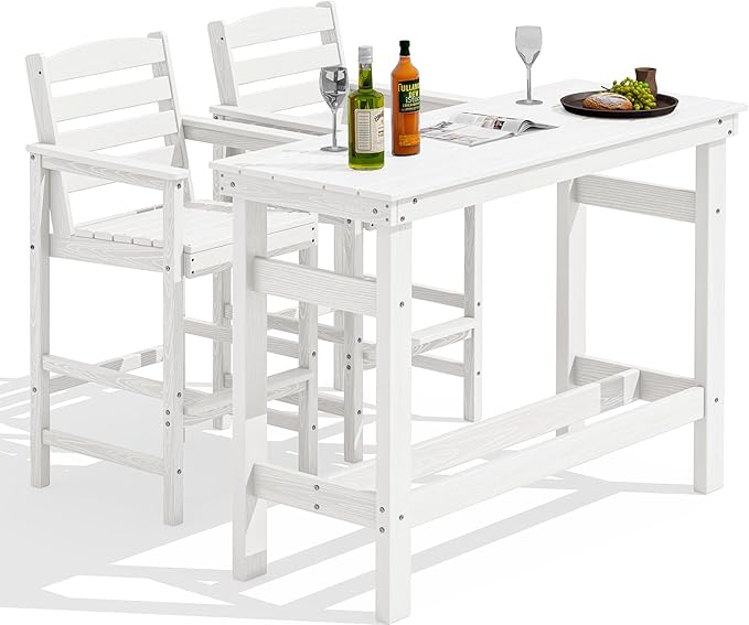 SERWALL Outdoor Bar Set - 2 Adirondack Bar Chairs & Bar Height Table with 1.6" Umbrella Hole, All-Weather HDPE Patio Furniture for Poolside, Backyard, Garden - White