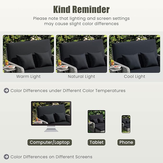 LDAILY Moccha Outdoor Daybed, Wicker Loveseat Sofa Set with 4-Postion Adjustable Backrest, Storage Ottoman, Cushions, Rattan Double Bed Lounger, Patio Furniture Set (Mixed Gray+Black)