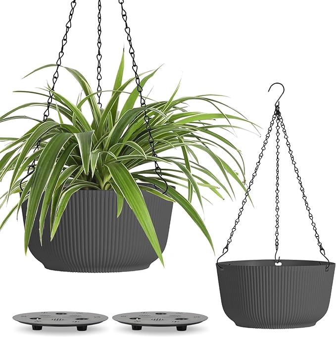 T4U 12 Inch Large Hanging Planters for Outdoor Plants, 2 Pack Self Watering Pots Indoor, Hanging Baskets for Plants,Hanging Flower Pot with Drainage Hole and Plant Hanger, Grey