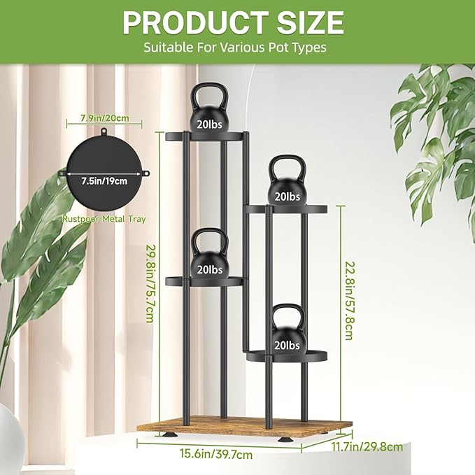 iDavosic.ly 4 Tier Plant Stand Indoor Outdoor, Tiered Corner Multiple Flower Pot Holder Shelf, Metal 30 Inch Tall Display Rack for Patio Porch Living Room Garden Balcony, Modern Black & Rustic Brown