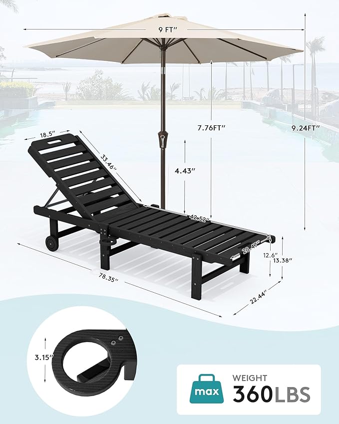 SERWALL Outdoor Chaise Lounge Set of 2 with 9FT Umbrella, HDPE Pool Lounge Chair with 5-Position Adjustable Backrest, Patio Lounger with Rolling Wheels & Cup Holder for Pool, Black