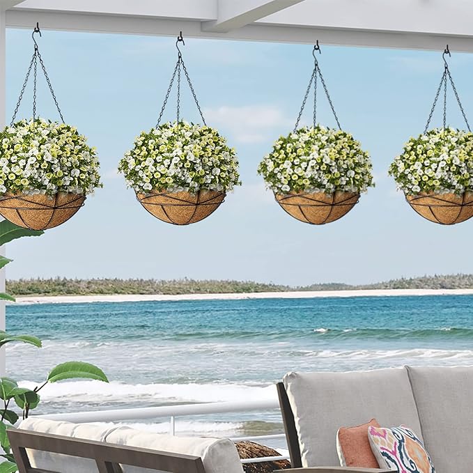 4 Pack 10 Inch Hanging Planters Metal Wire Flower Baskets with Natural Coconut Liners for Outdoor Plants Round Plant Holder Planter for Garden Decor