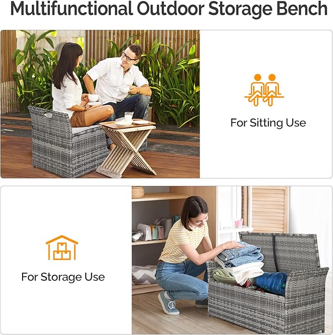 VINGLI 40 Gallon Outdoor Storage Bench with Cushion, Rattan Storage Box, Patio Wicker Deck Box with Seat for Garden | Balcony | Porch | Pool | Yard (Grey Frame + Light Grey Cushion)