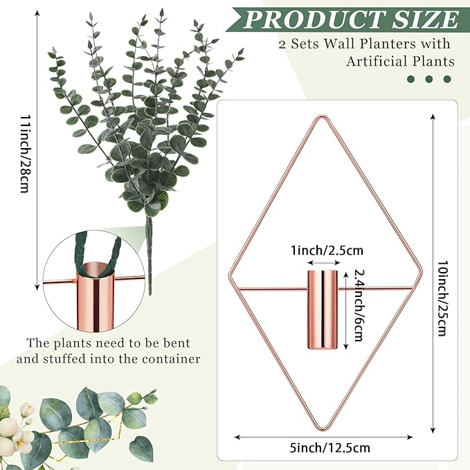 Jexine 8 Pcs Hanging Planters with Artificial Eucalyptus Metal Hanging Vase Indoor Plants Holder Modern Geometric Boho Bathroom Wall Decor for Living Room Home Office (Eucalyptus,Rose Gold)