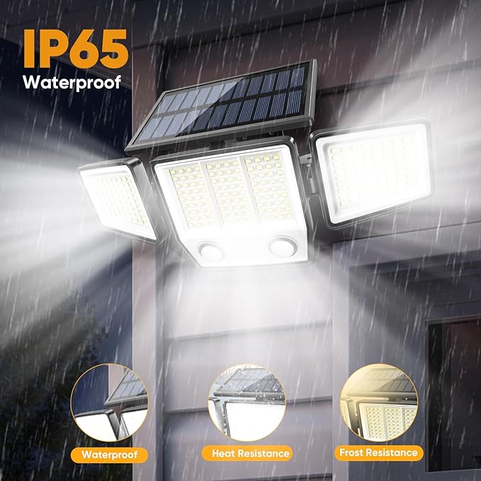 Solar Lights Outdoor Waterproof Motion Sensor - 416 LEDs 3000 Lumens Super Bright 3 Brightness 3 Modes 2400mAh 360° Illumination 32ft Solar Flood Security Light for Outside (Classic, 2)