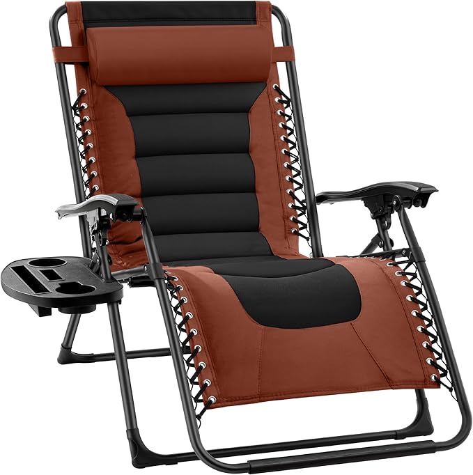Best Choice Products Oversized Padded Zero Gravity Chair, Folding Outdoor Patio Recliner, XL Anti Gravity Lounger for Backyard w/Headrest, Cup Holder, Side Tray, Polyester Mesh - Rust/Black