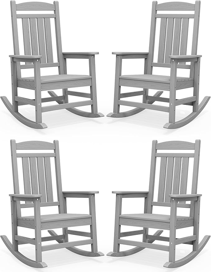 SERWALL HDPE Outdoor Rocking Chair Set of 4, Oversized Patio Rocking Chairs, All-Weather Porch Rockers for Adults, Light Gray