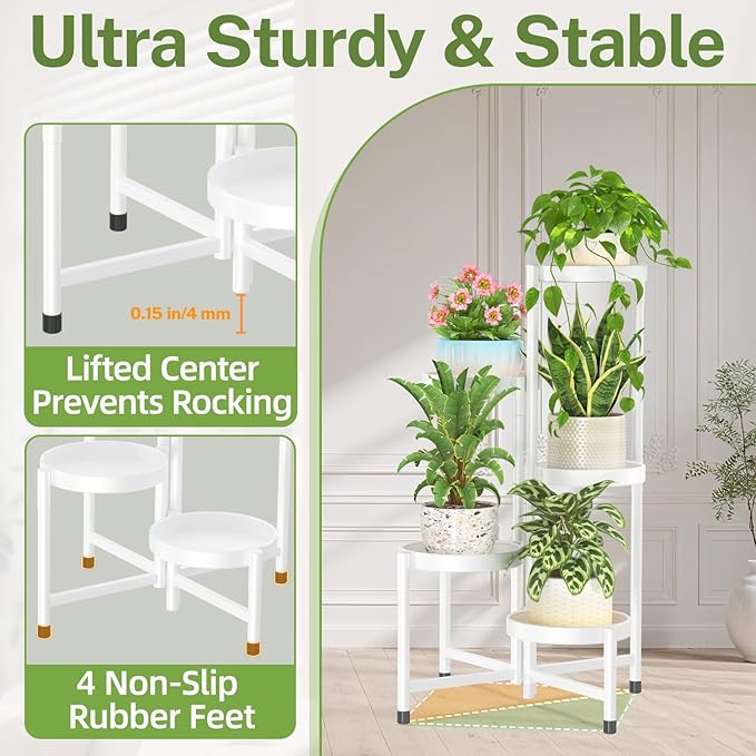 iDavosic.ly Plant Stand Indoor Outdoor, 5 Tier Corner Metal Flower Display Holder Shelf, Easy Assembly Folding Tall Orchid Rack for Patio Balcony Porch Garden Living Room House, White
