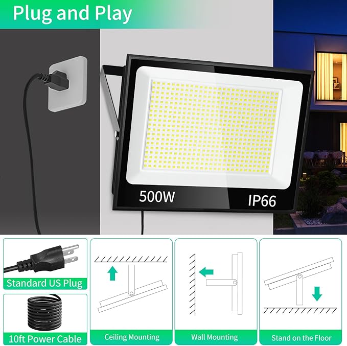 500W LED Flood Light Outdoor with Plug+10ft Cable, 60000LM Ultra Brighter 5000K Exterior Security Light, IP66 Waterproof Commercial Lighting for Sports Fields Counts Arena Stadium(2 Pack)