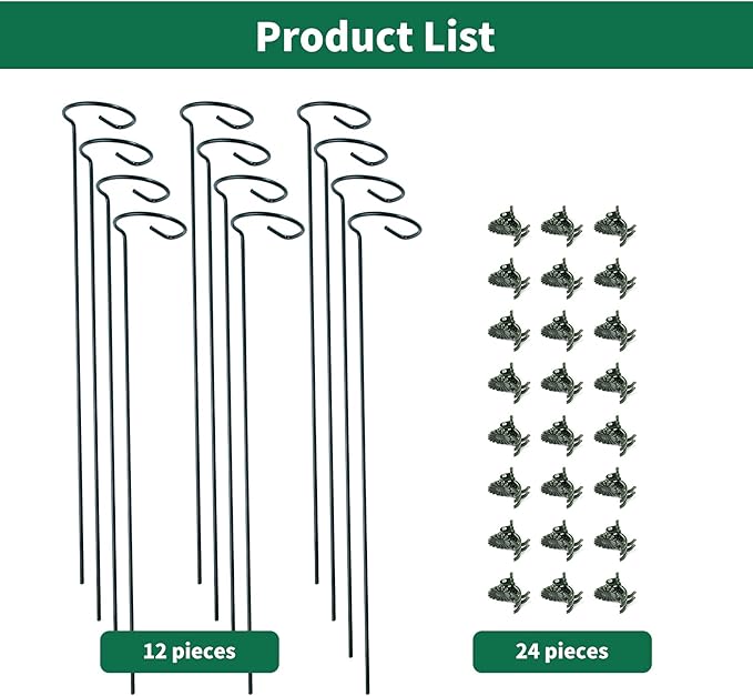 12 Pack Plant Support Stakes with 24 Pcs Plant Clips, Garden Single Stem Support Stake, Plant Cage Support Ring for Indoor Outdoor Flowers Rose Amaryllis Tomatoes Peony Lily Orchid (24 Inch)